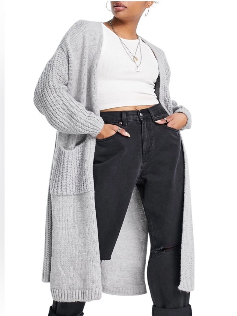 Topshop Mixed Stitch Longline Cardigan - Gray XS